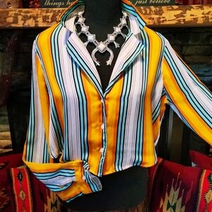 Forever 21 Multicolor Striped Button Down Shirt Cropped Long Sleeve Blouse